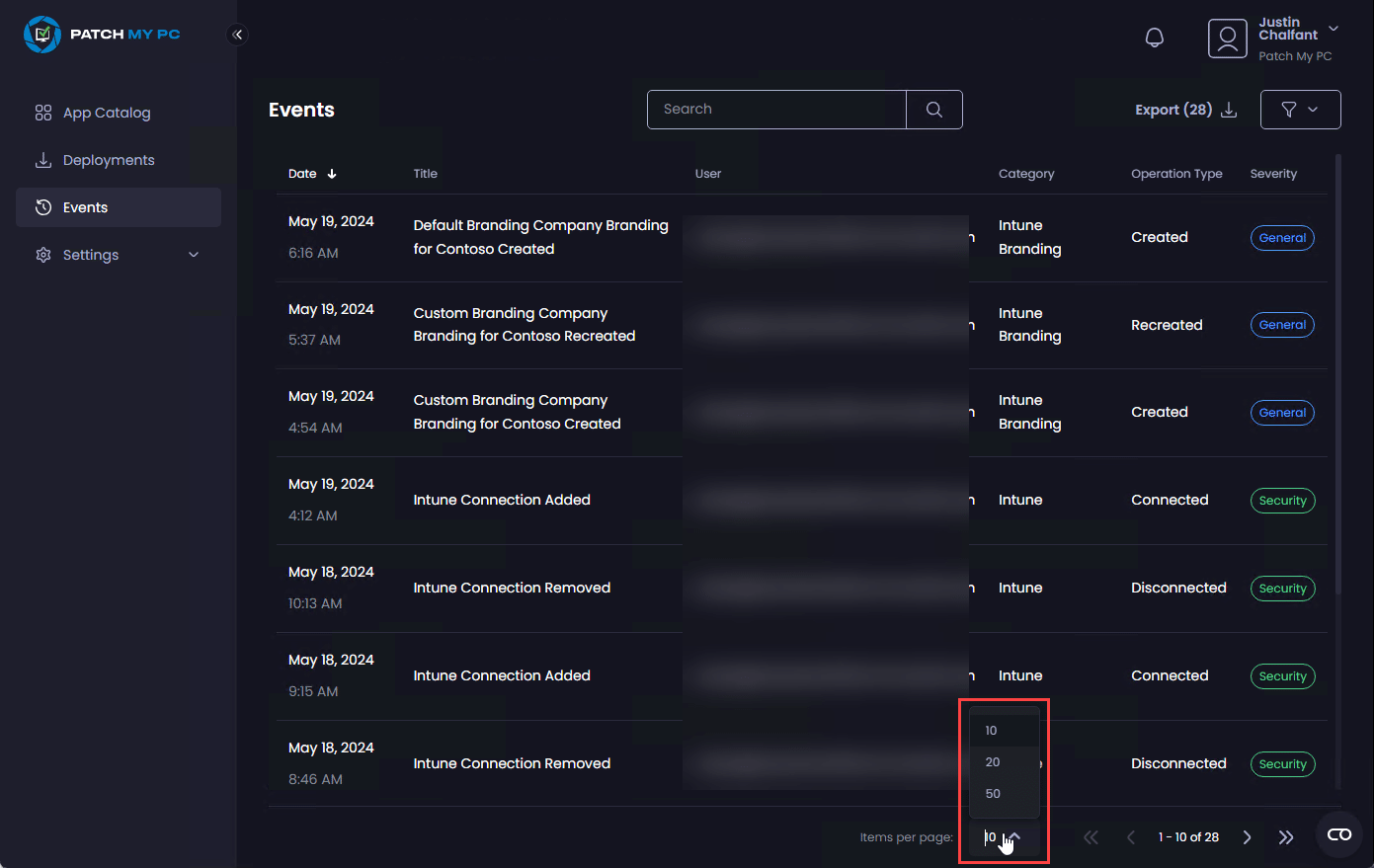 Choosing the number of events shown per page