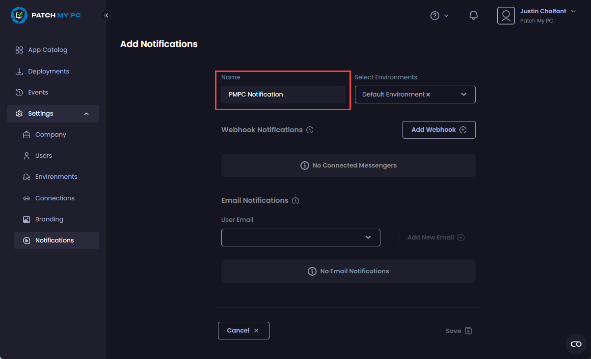 Enter a unique name for this notification in the "Name" field
