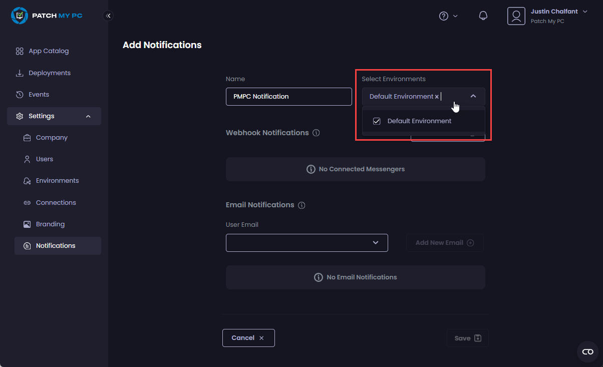 Select the relevant environment from the "Select Environments" dropdown