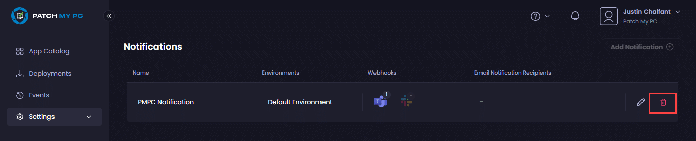 Clicking the trashcan beside the relevant notification you want to delete