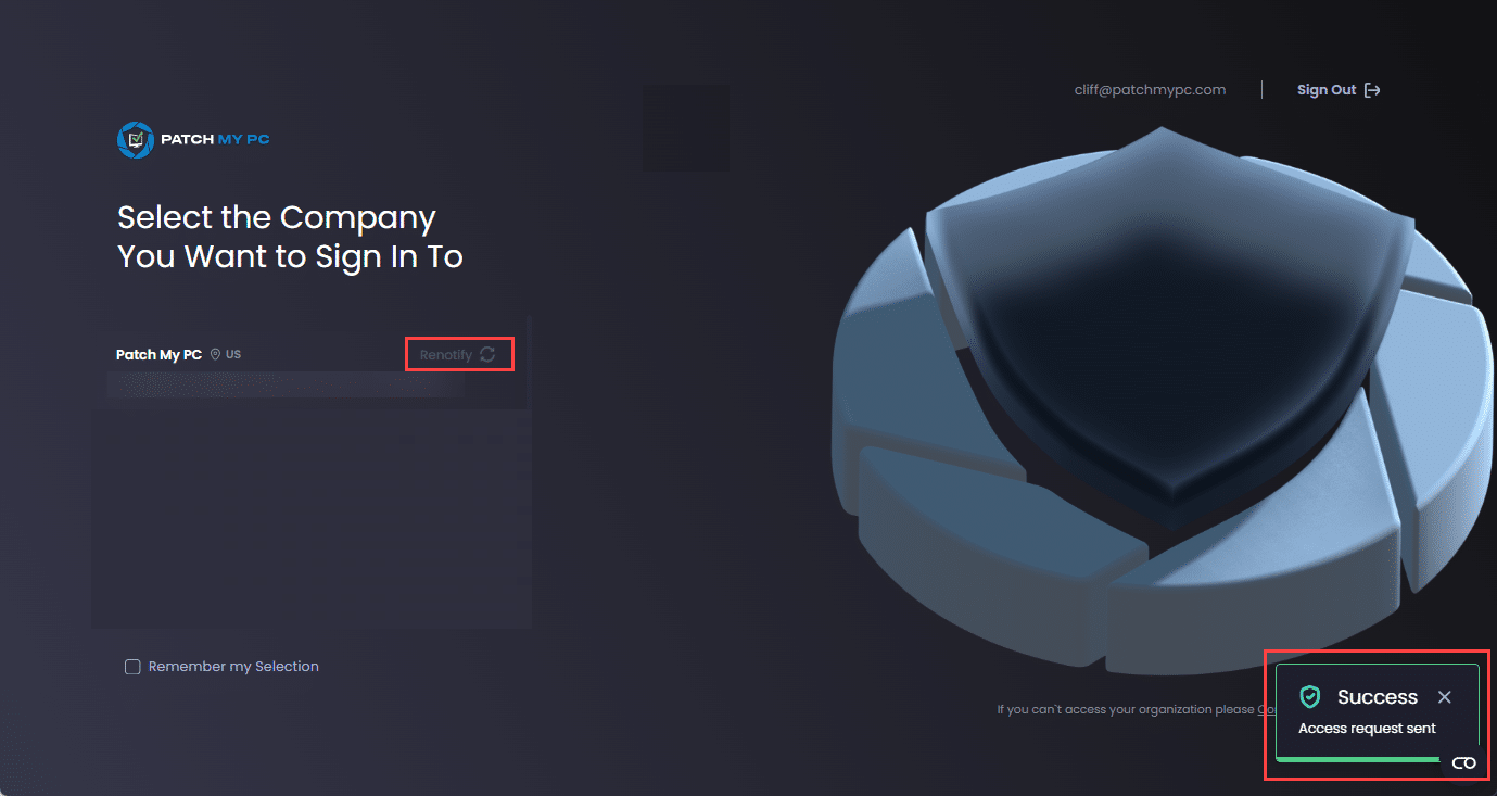 The "Success – Access request sent" notification is displayed