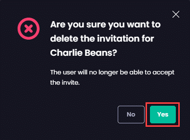 Clicking "Yes" to confirm to delete the invitation