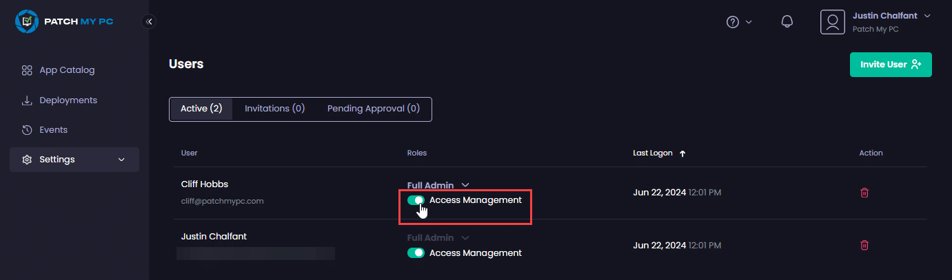 Using the slider to grant "Access Management" privileges