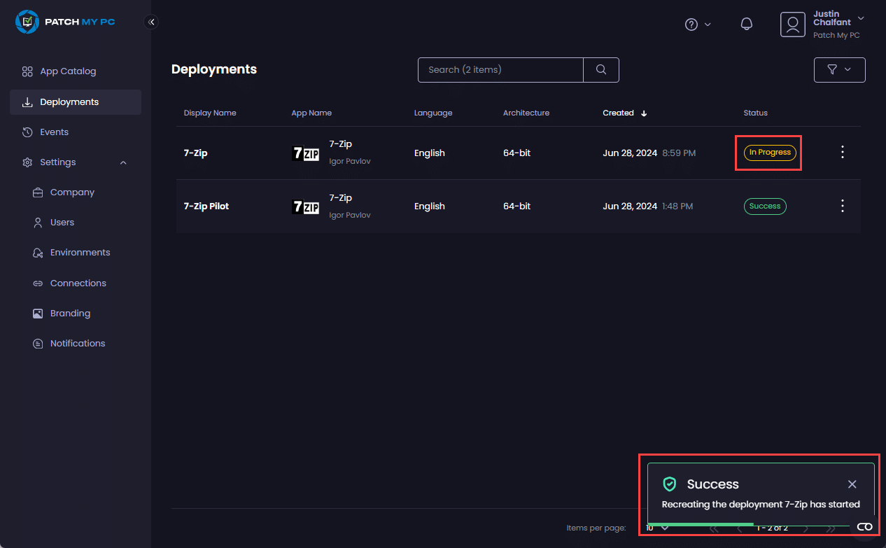 Change to deployment status and message stating the recreation process has started