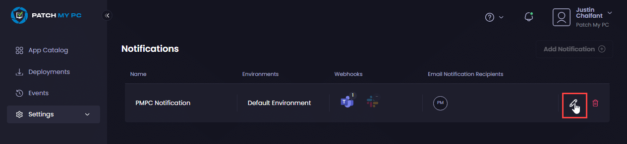 Clicking the pencil icon beside the relevant notification you want to modify