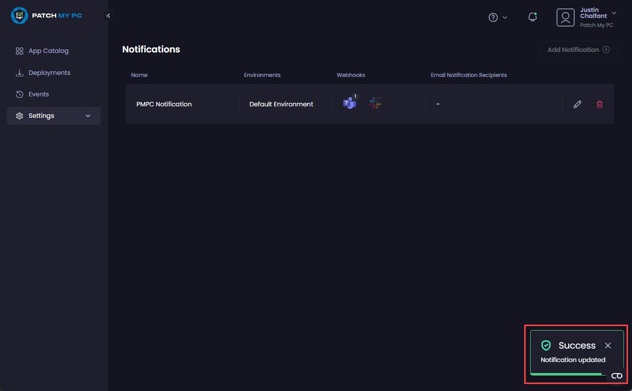 "Success - Notification updated" notification