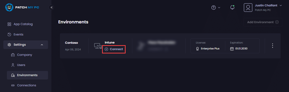 Clicking "Connect" under the "Intune" tab