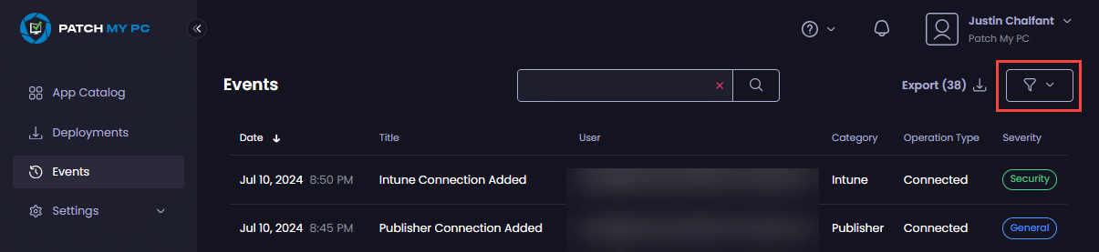 Clicking the funnel button