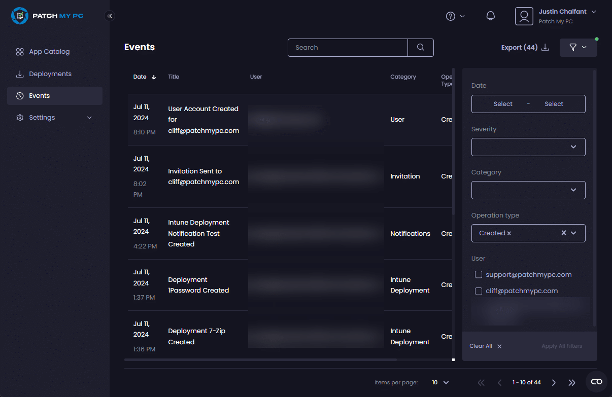 Only events matching the filtered criteria are shown
