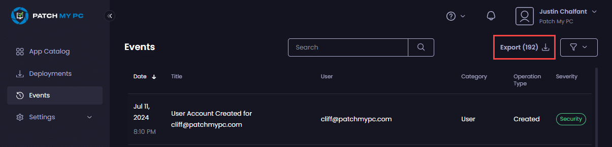 Clicking "Export" in the header of the "Events" page