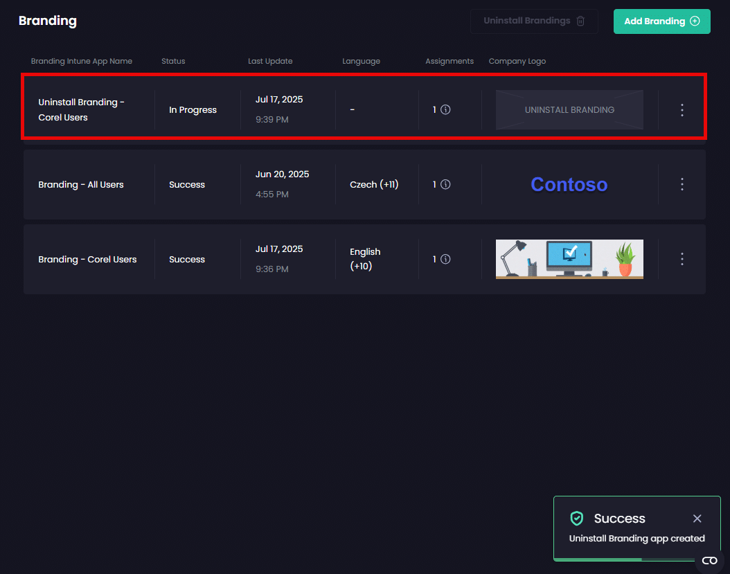 "Branding" page redisplayed showing the new uninstall app along with the "Success – Branding created" notification.