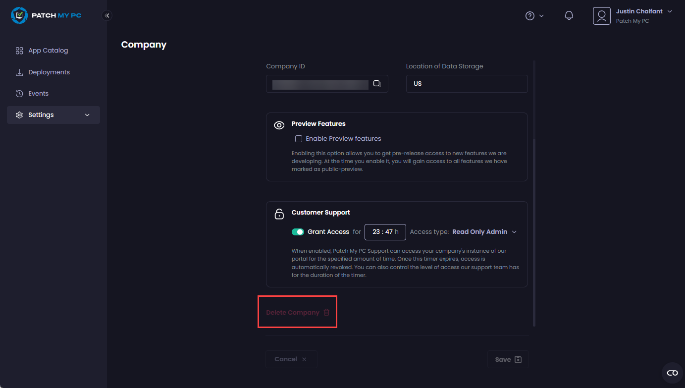 "Delete Company" button is unavailable.