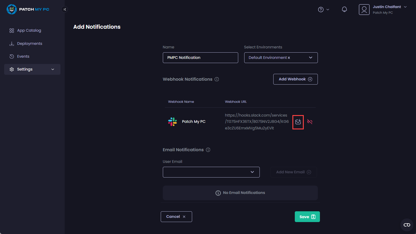 Clicking the small envelope beside the Webhook URL to send a test message.