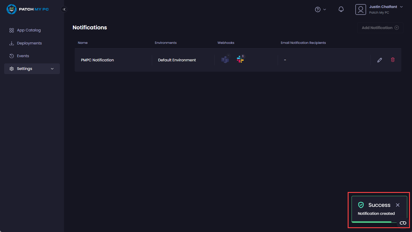 "Success - Test webhook has been sent" notification