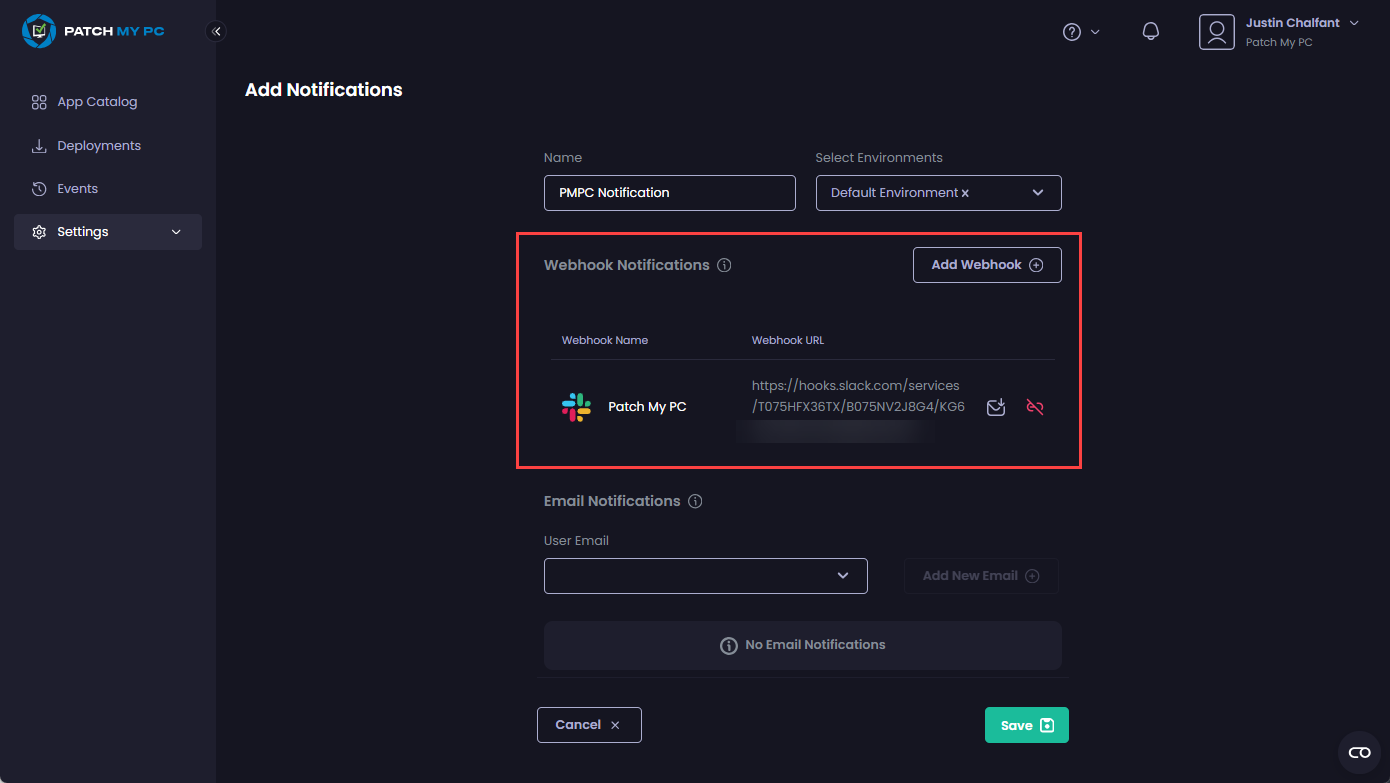 New webhook notification is shown under the "Webhook Notifications" section