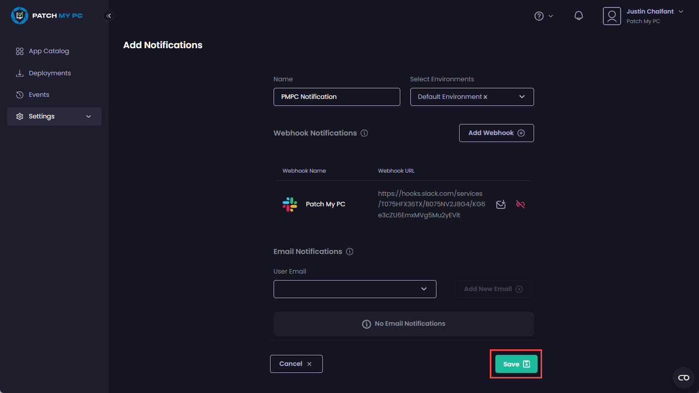 Clicking "Save" to save the webhook