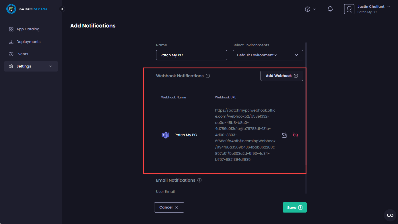New webhook under the "Webhook Notifications section."