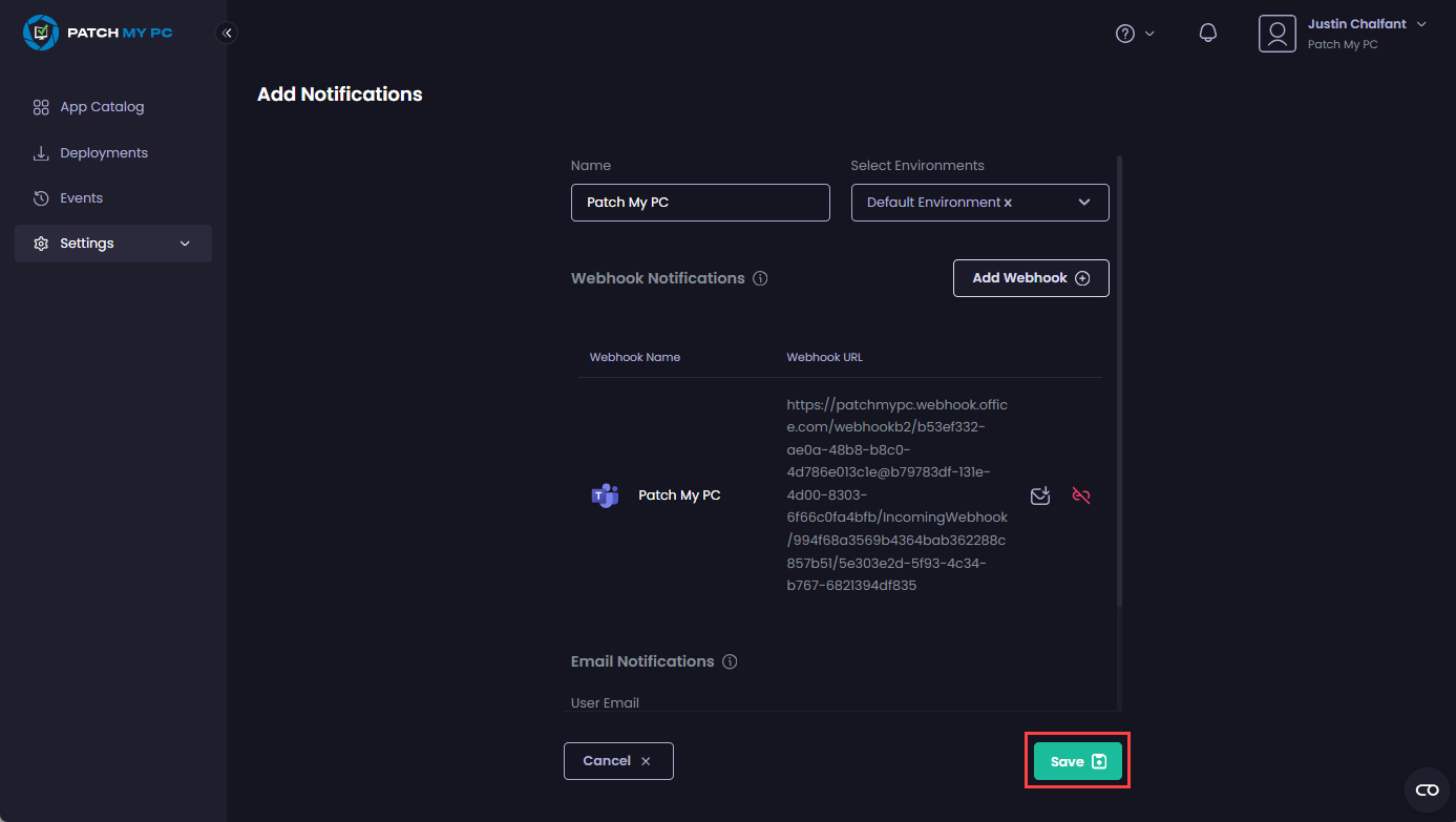 Clicking "Save" to save the new webhook notification