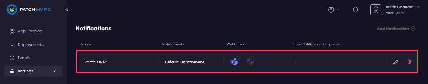 The portal auto-refreshes to show the new notification.