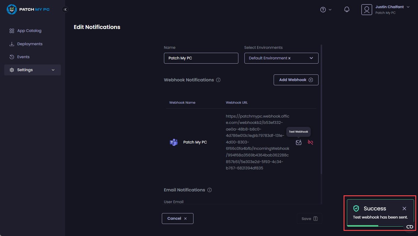 "Success - Test webhook has been sent" notification