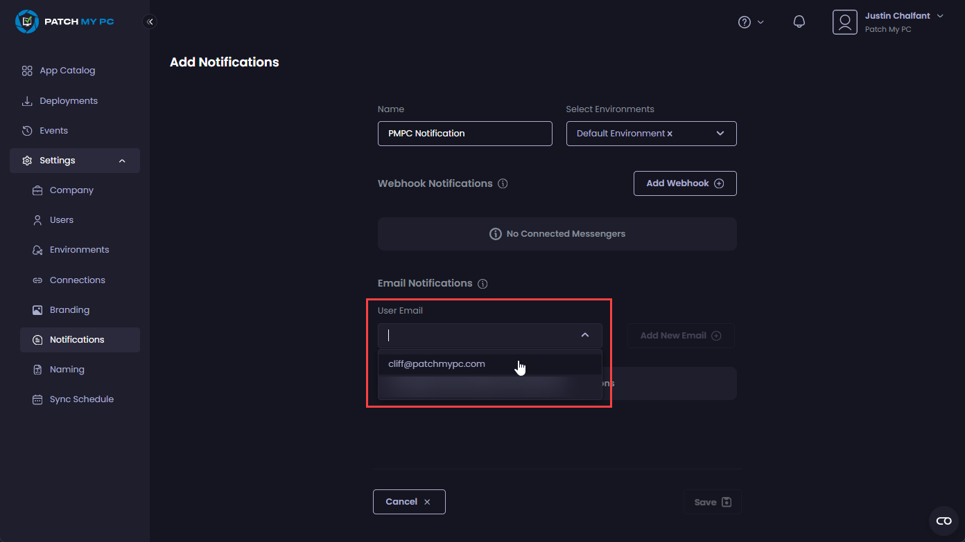 Select the relevant administrator's email address from the "User Email" dropdown or type their email address