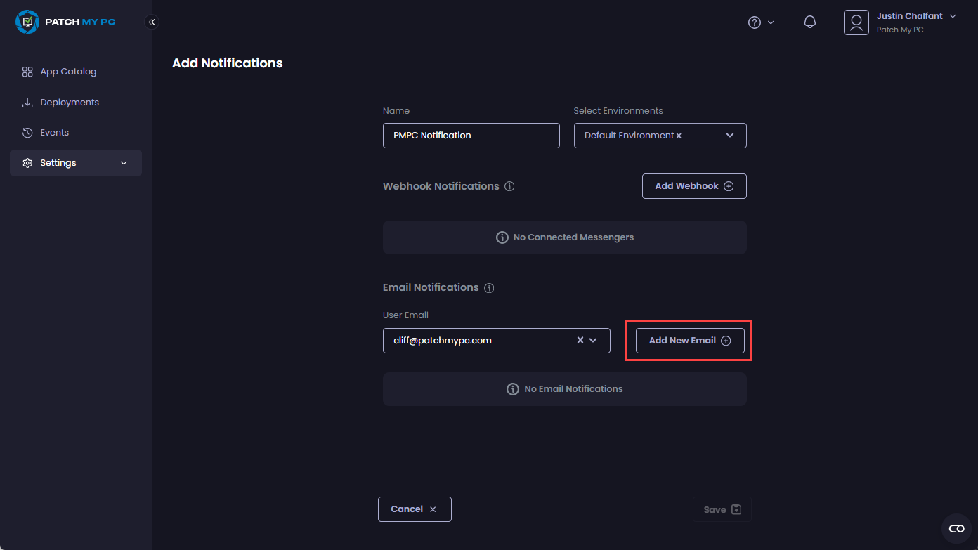 Clicking "Add New Email" to add the email address to the notification list
