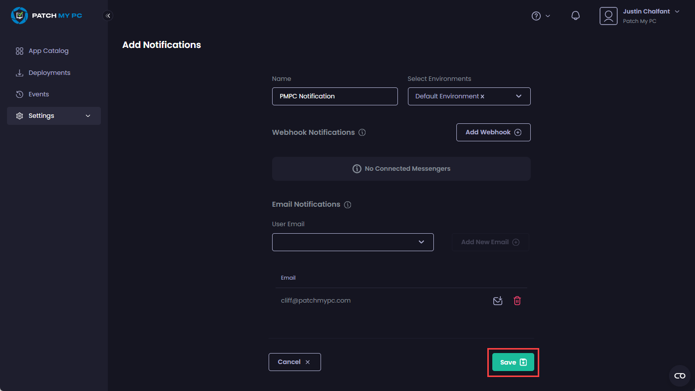 Clicking "Save" on the "Add Notifications" screen