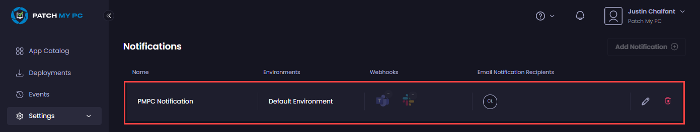Portal auto-refreshes to show the new notification, including abbreviations of the users who will receive the email notification