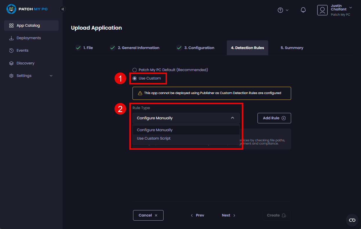 Clicking "Use Custom" to use a custom detection rule and choosing the relevant type of rule from the "Rule Type" dropdown