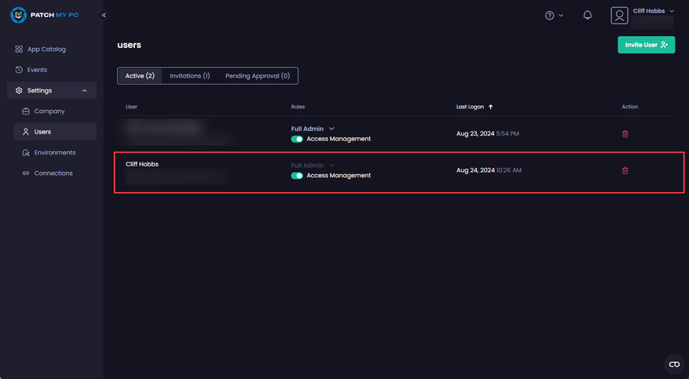 "Users" node showing the user account used to perform the recovery process has been created (if applicable) and assigned the "Full Admin with Access Management role".