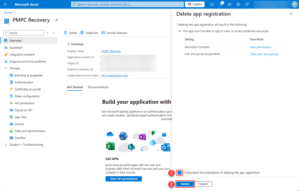 Checking the "I understand the implications of deleting this app registration" checkbox, then clicking "Delete".