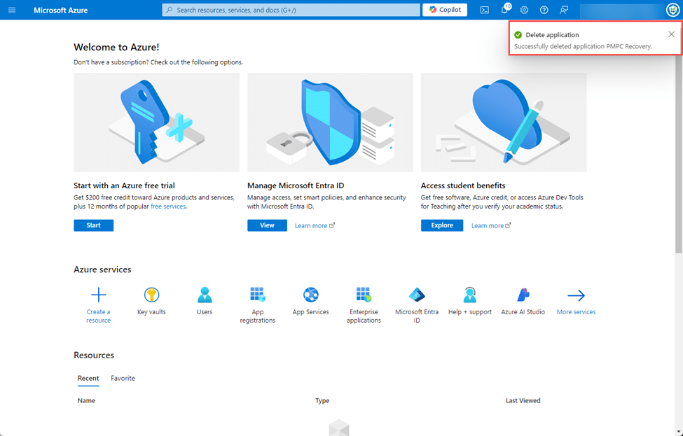 "App registrations" page refreshes and the "Delete application - Successfully deleted application PMPC Recovery" notification is shown.