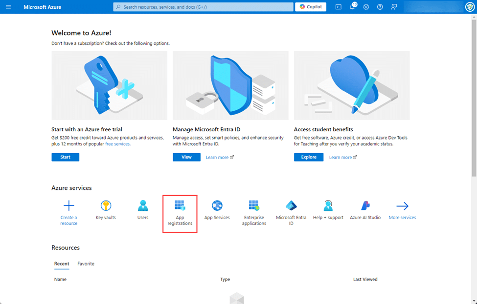 Clicking the "App Registrations" blade