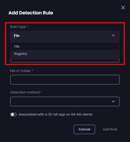 Selecting the relevant type of rule to configure from the "Rule Type" dropdown.