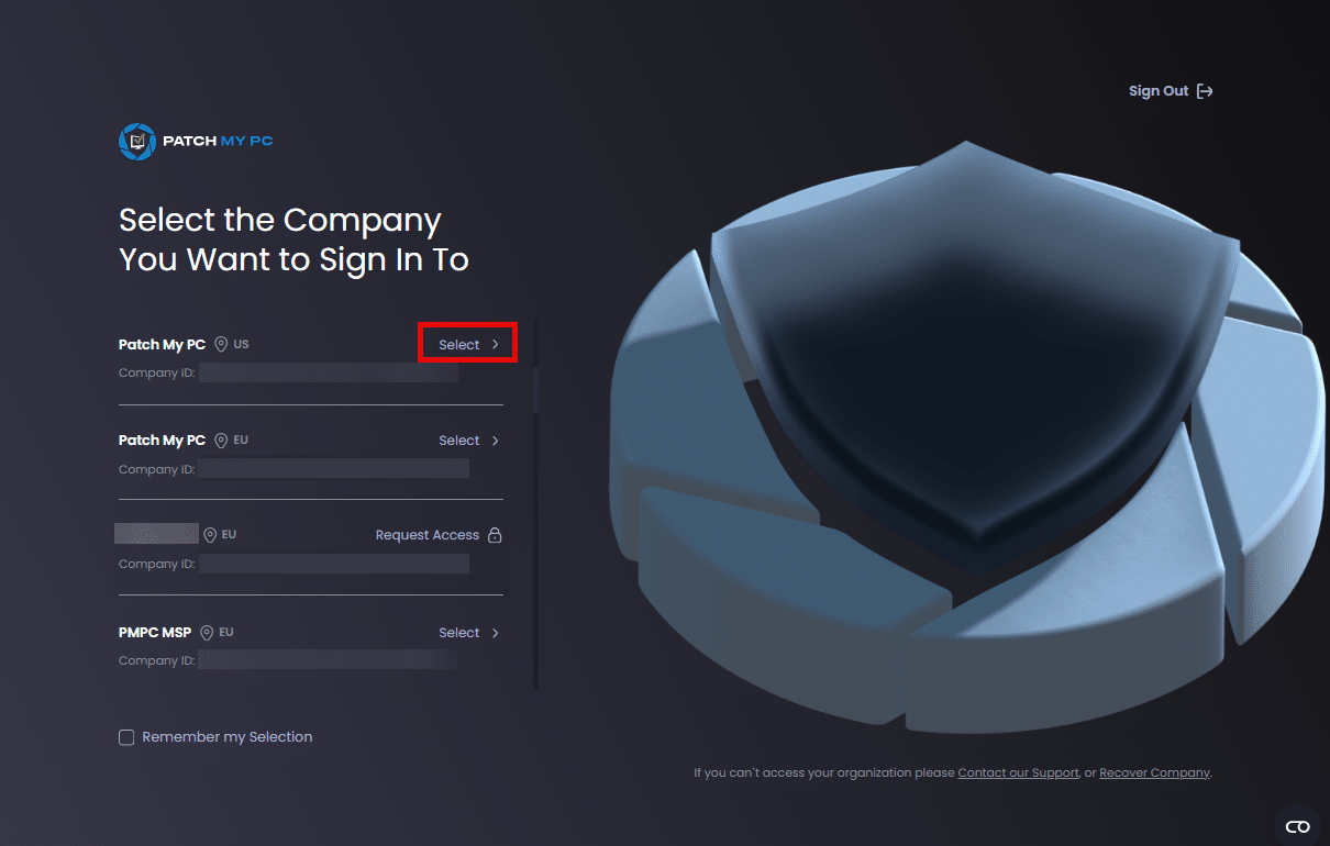 Clcking "Select" beside the company you want to sign in to.