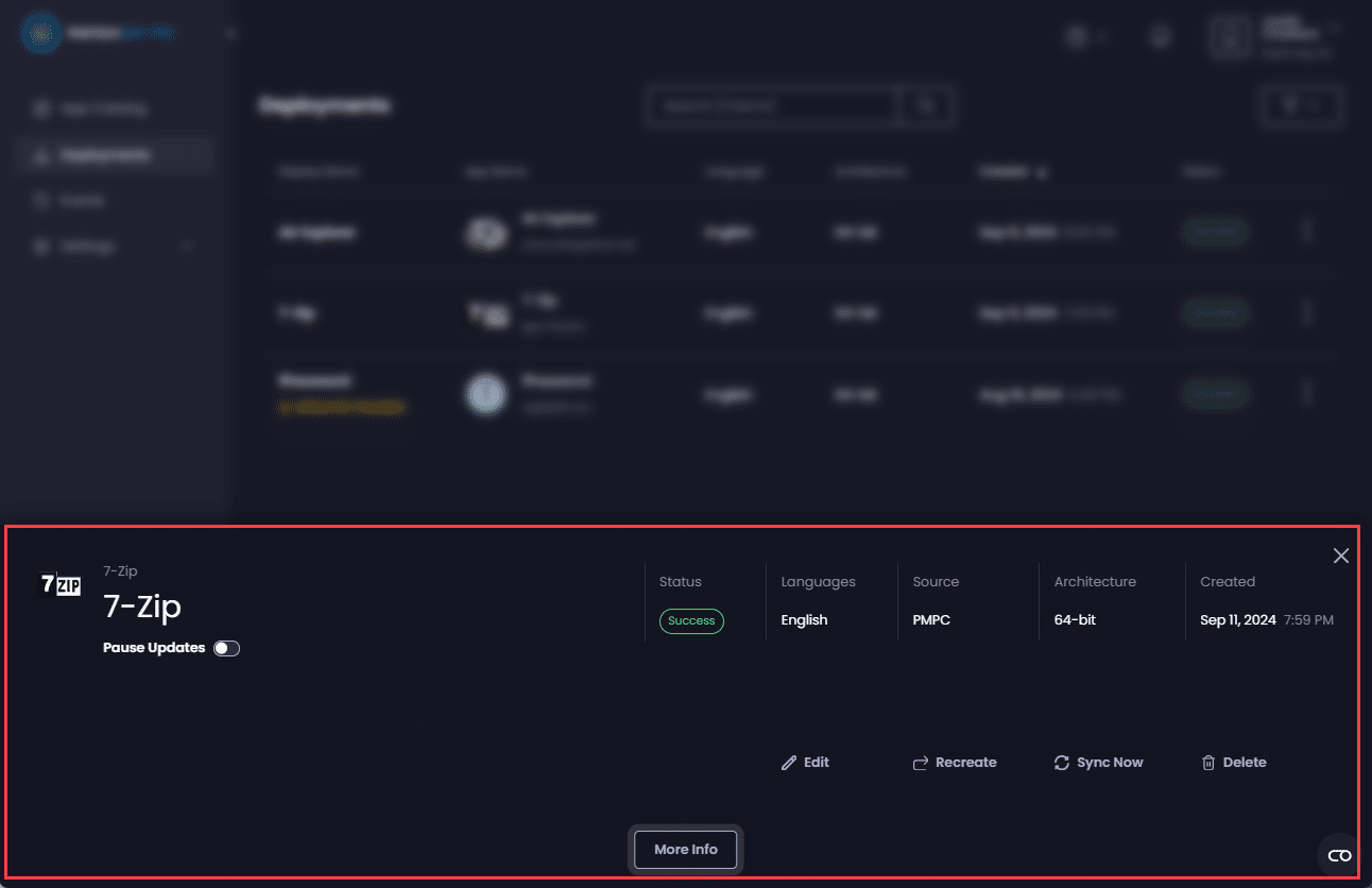 A deployment's property page
