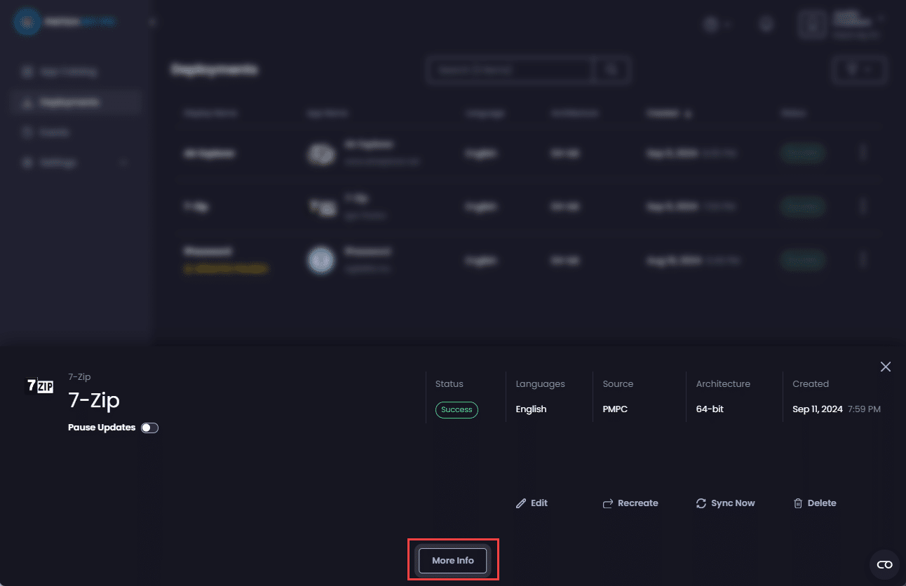 Click "More Info" to see more information about the deployment
