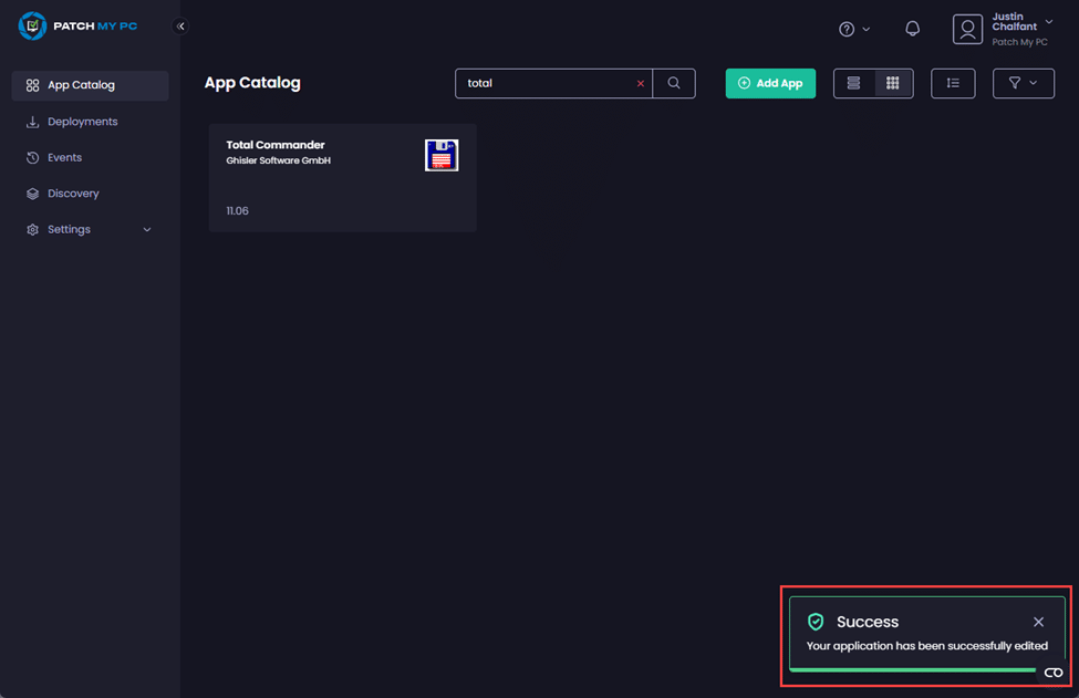 "Success – Your application has been successfully edited" notification