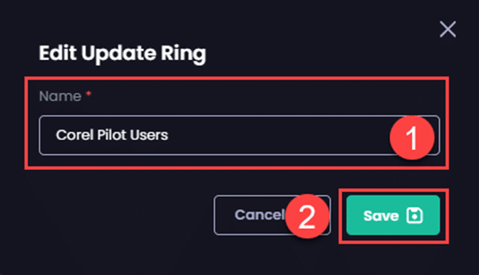 Entering the ring's name in the "Name" field of the "Edit Update Ring" dialog box and clicking "Save"