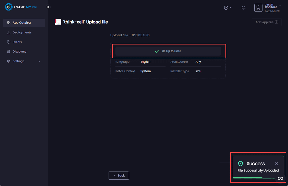 "Success – File Successfully Uploaded" notification