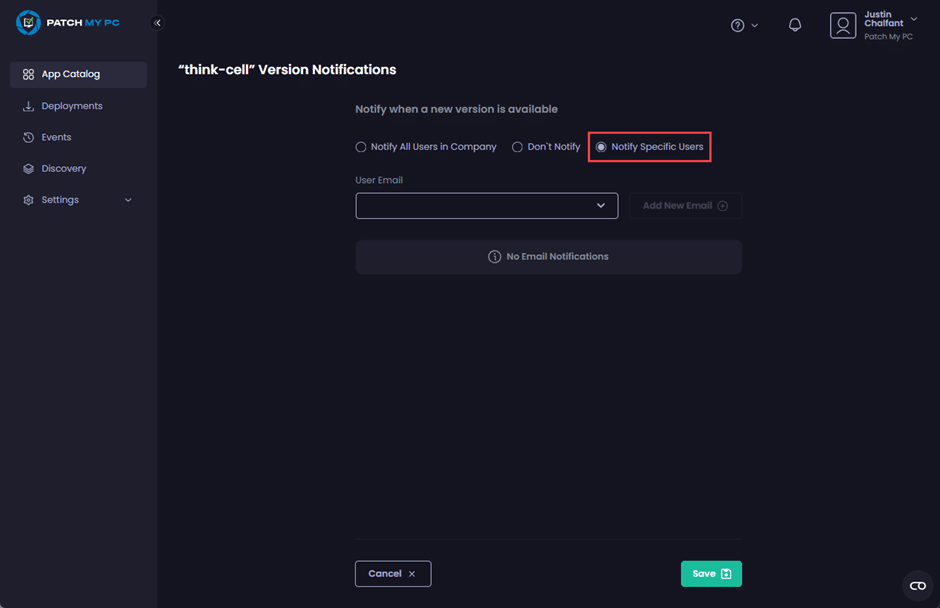 Selecting "Notify Specific Users"