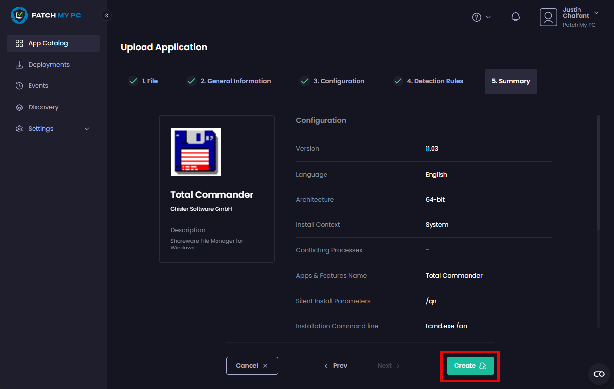 Clicking "Create" on the "Summary" page
