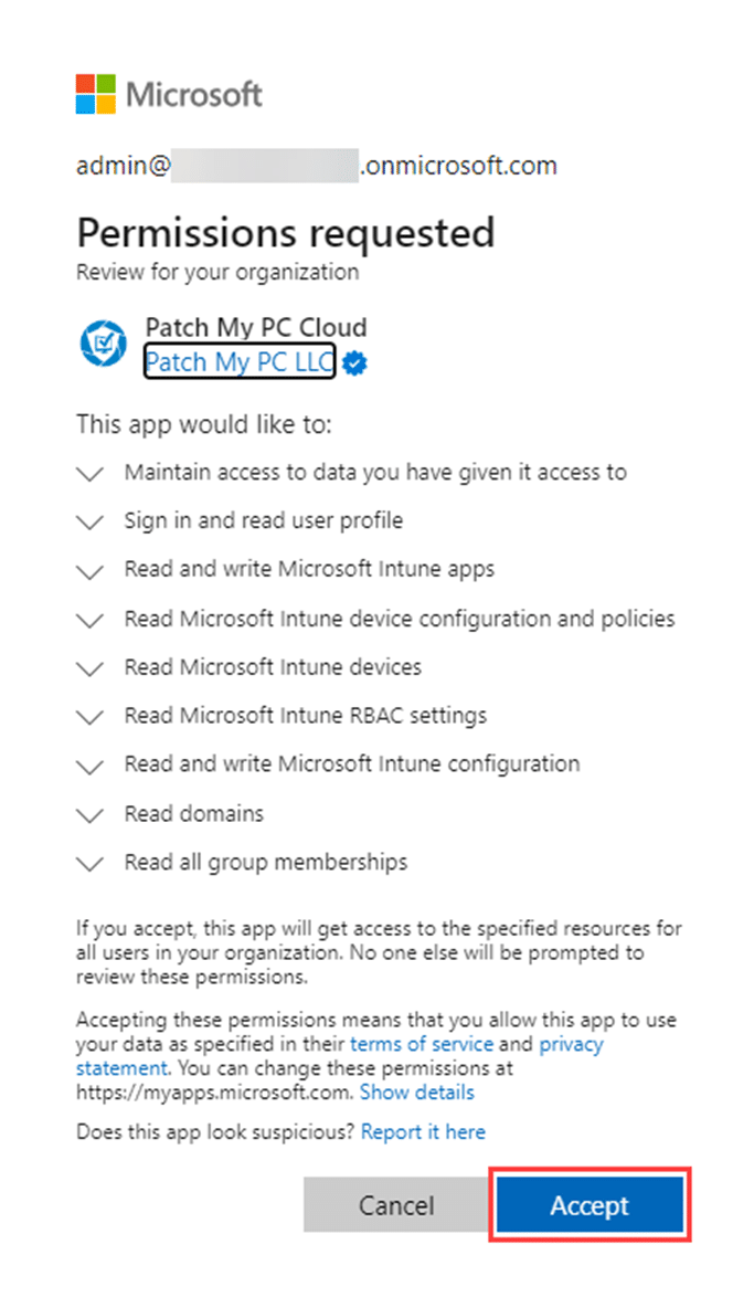 Clicking "Accept" on the "Permissions requested" page