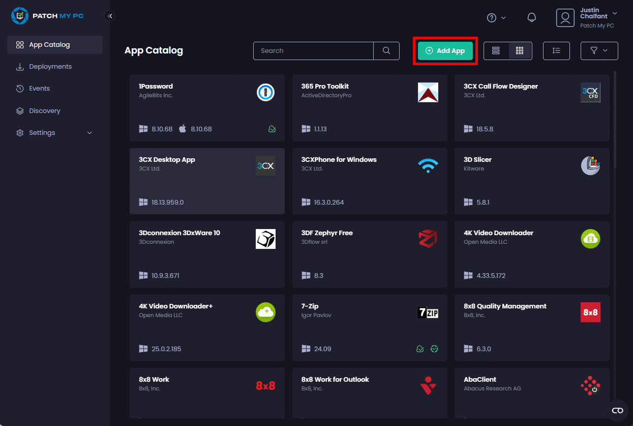 Clicking "Add App" on the App Catalog page