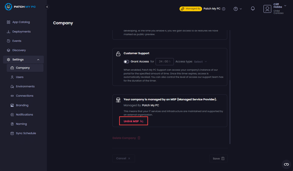 Clicking "Unlink MSP"