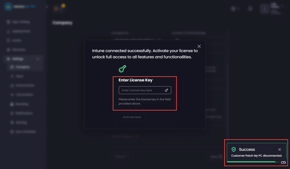 Prompt to enter a non-MSP+ license key on the child company