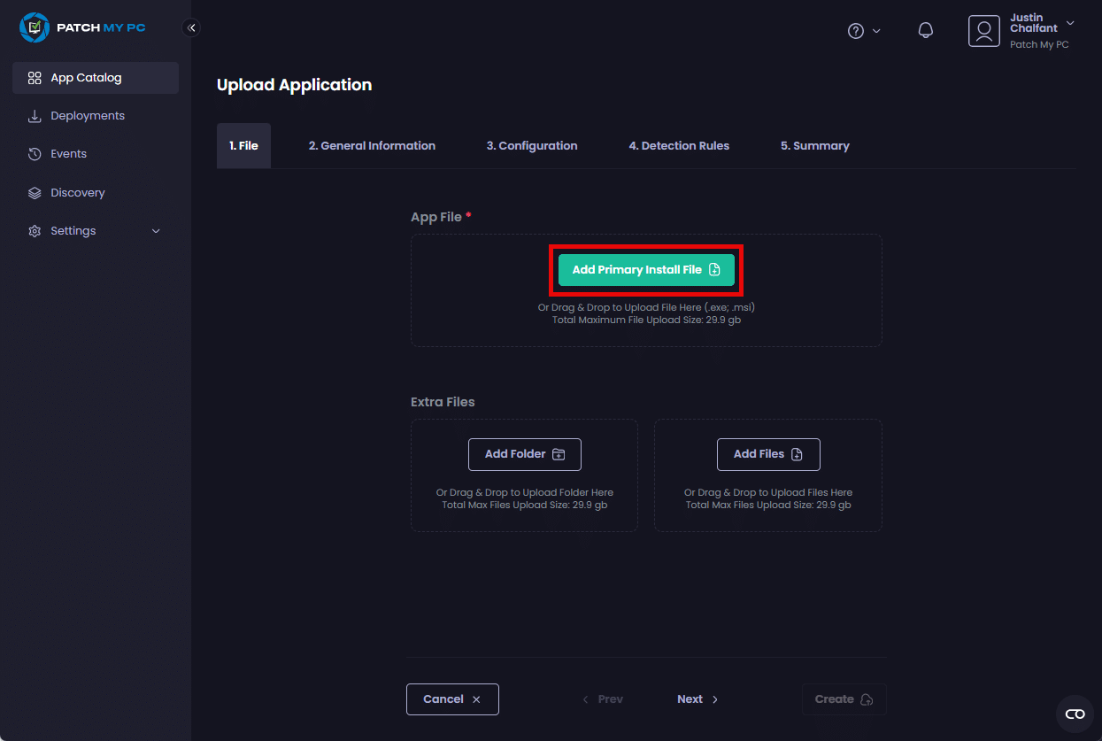 Clicking "Add Primary Install File" on the "Upload Application" page