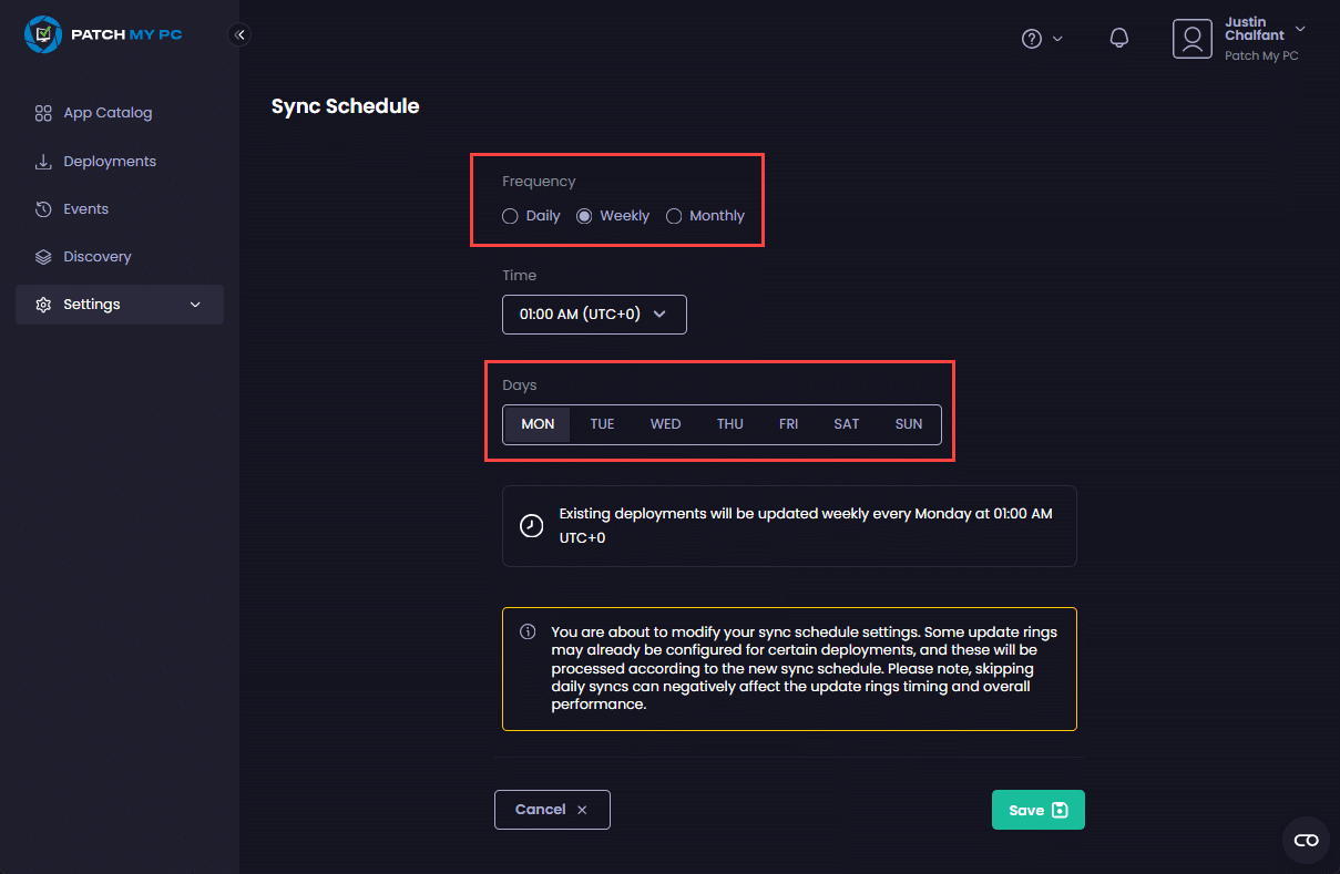 Choosing the "Weekly" option