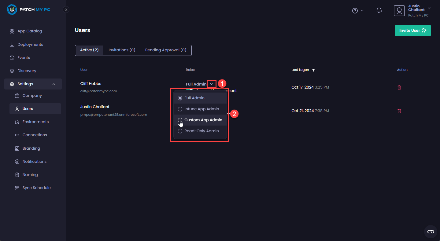 Selecting the required user role from the list of roles dropdown