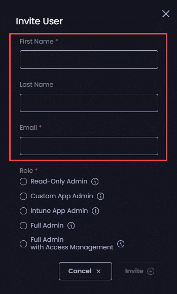 Complete the details of the user you are inviting